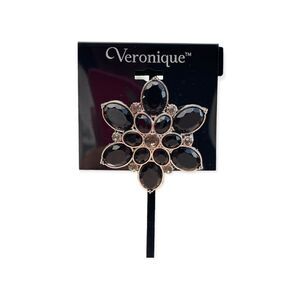 Veronique Black Cut Glass Floral Brooch Clasp Pin Back Y2K